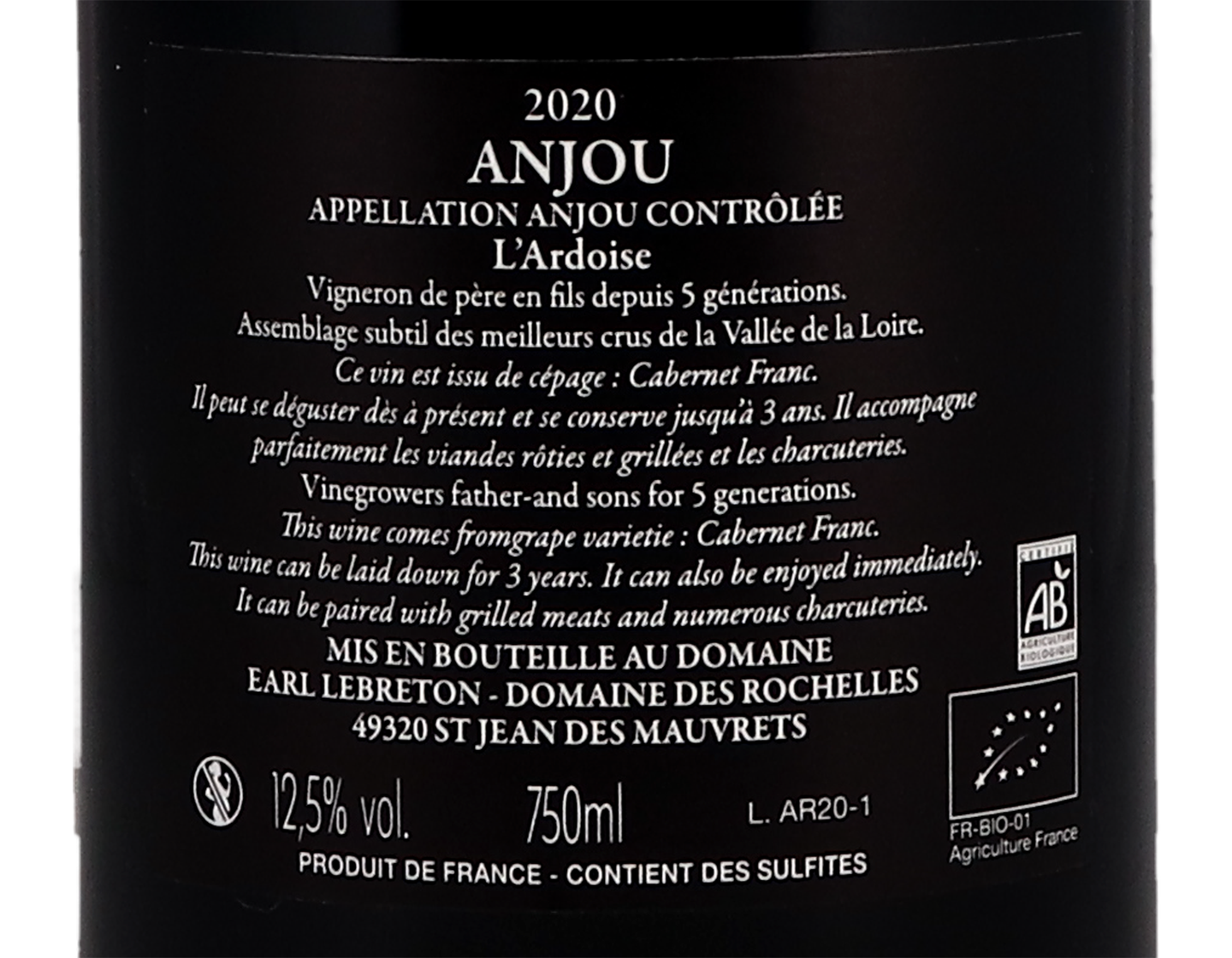 Anjou Rouge ORGANIC l'Ardoise 2020 Domaine Des Rochelles Lebreton
