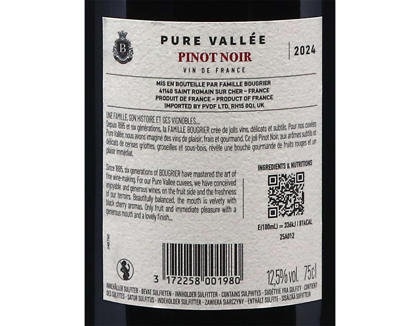 Pinot Noir 'Pure Vallée', Vin de France, Famille Bougrier 2024
