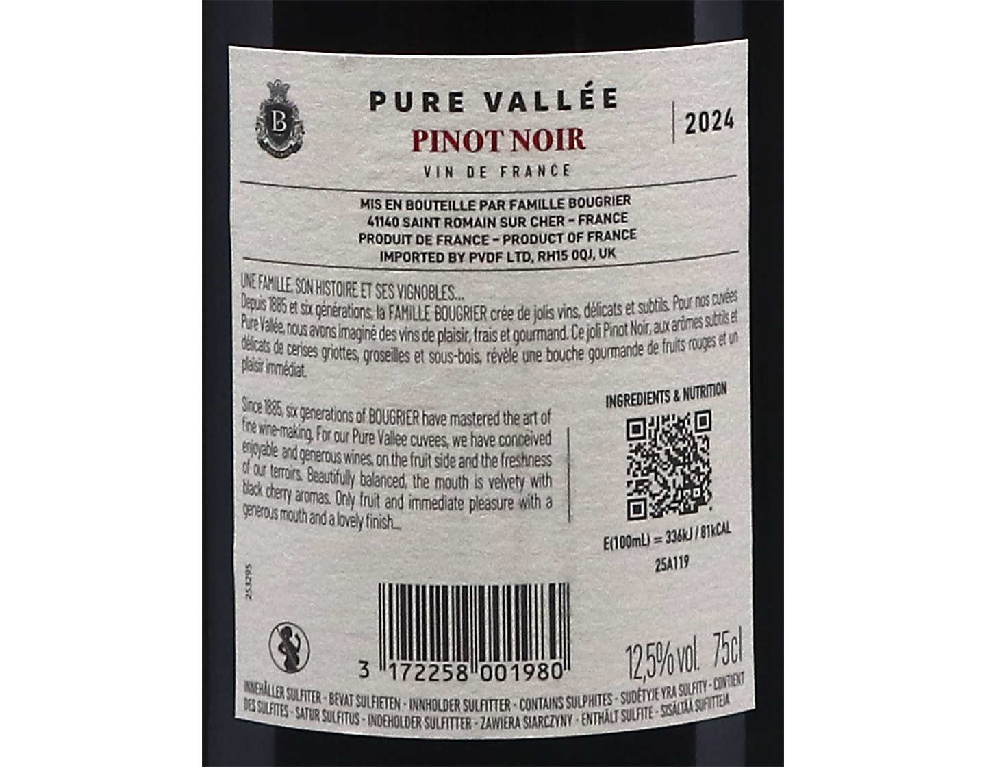 Pinot Noir ‘Pure Vallée’, Vin de France, Famille Bougrier 2024