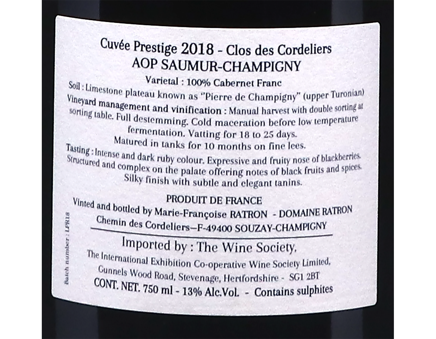 Saumur Champigny Clos des Cordeliers Cuvee Prestige Domaine Ratron 2018