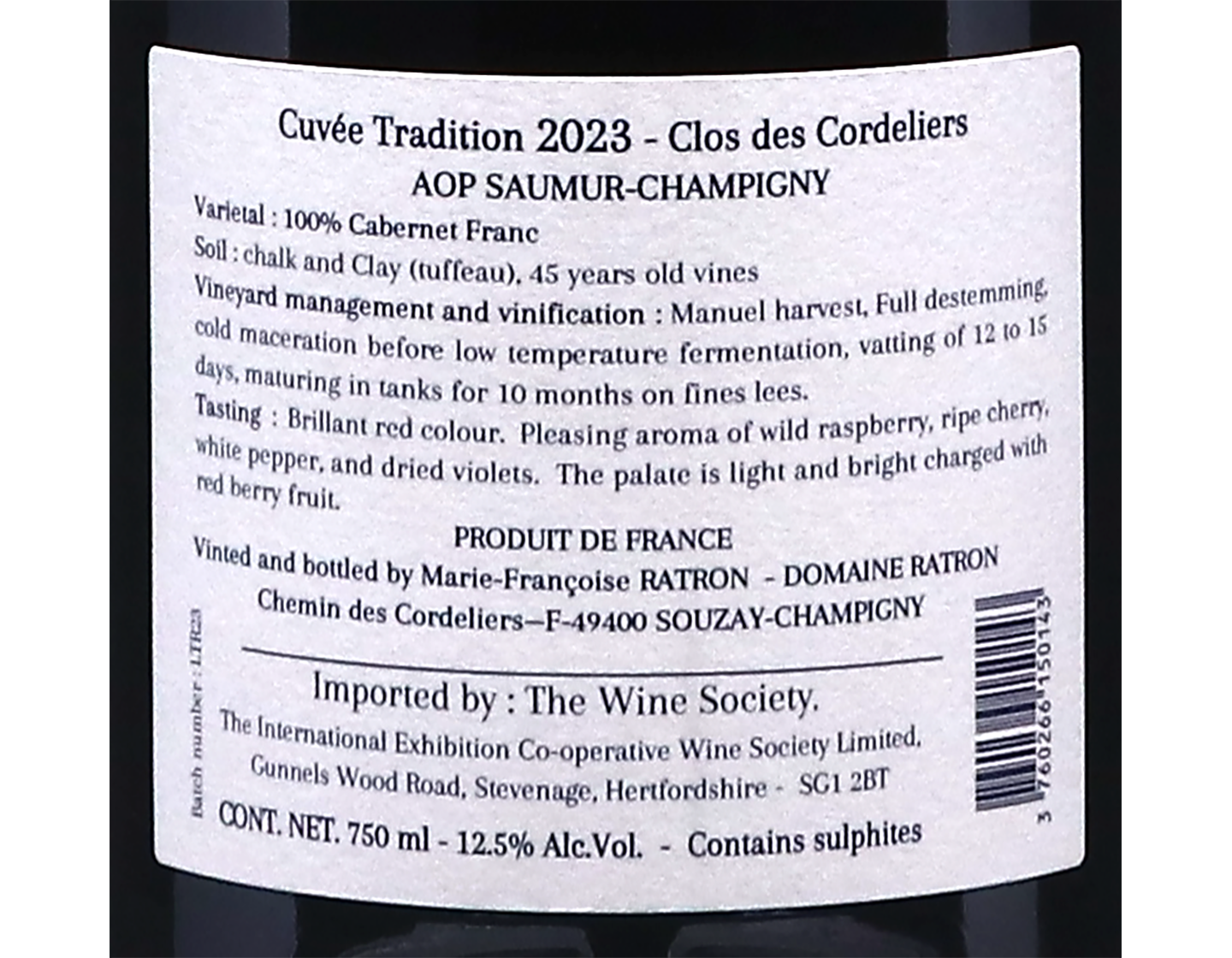 Saumur-Champigny Tradition Clos des Cordeliers, Domaine Ratron 2023