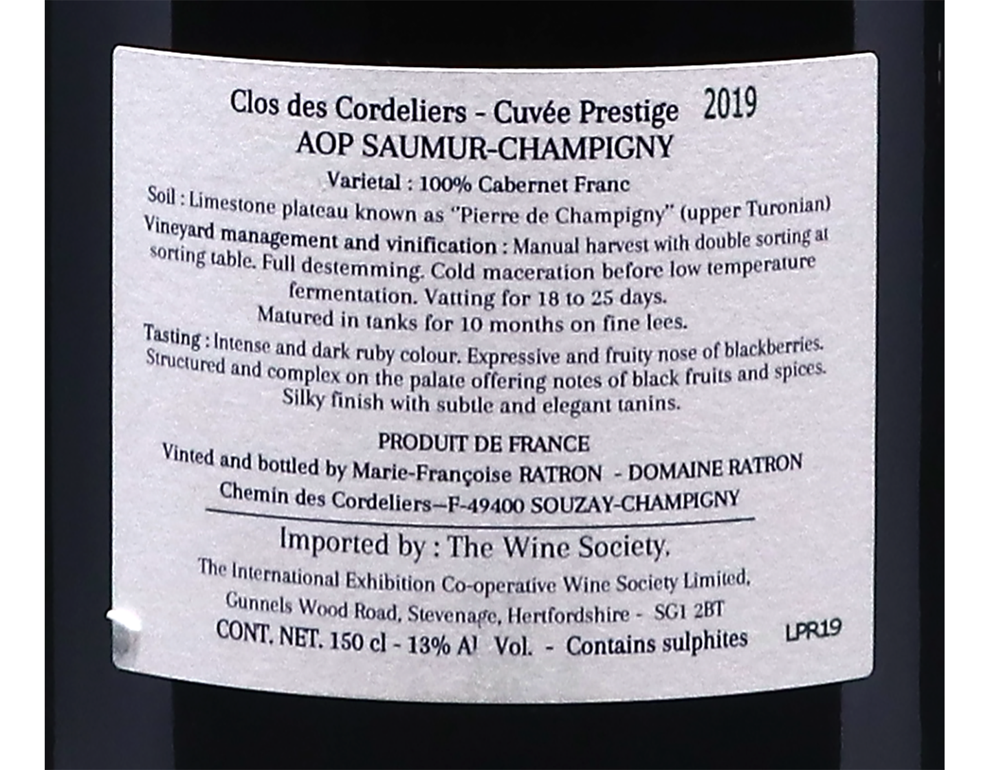 Magnum of Saumur-Champigny Clos des Cordeliers Cuvée Prestige, Domaine Ratron 2019