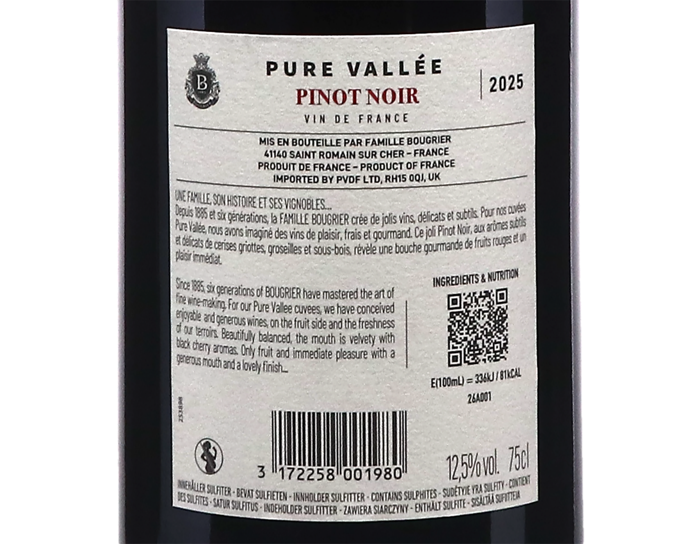 Pinot Noir Pure Vallee Vin de France Famille Bougrier 2025