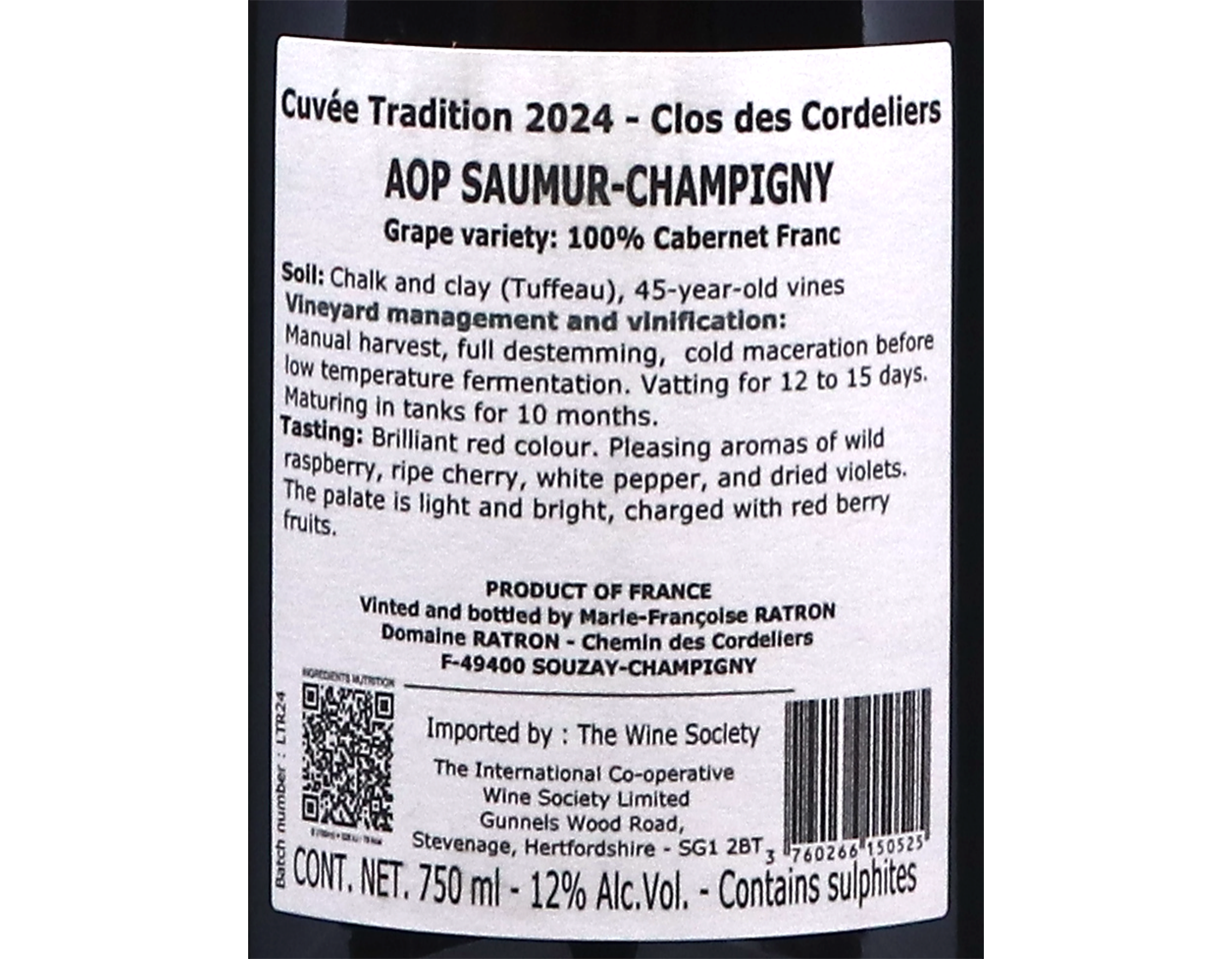 Saumur-Champigny Tradition Clos des Cordeliers, Domaine Ratron 2024