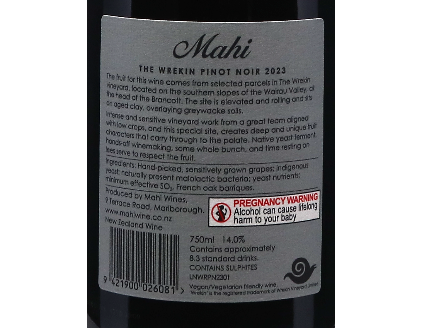 Mahi Wrekin Single Vineyard Marlborough Pinot Noir 2023 ORGANIC
