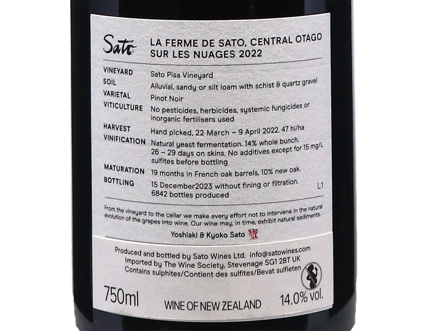 La Ferme de Sato Sur Les Nuages Central Otago Pinot Noir 2022