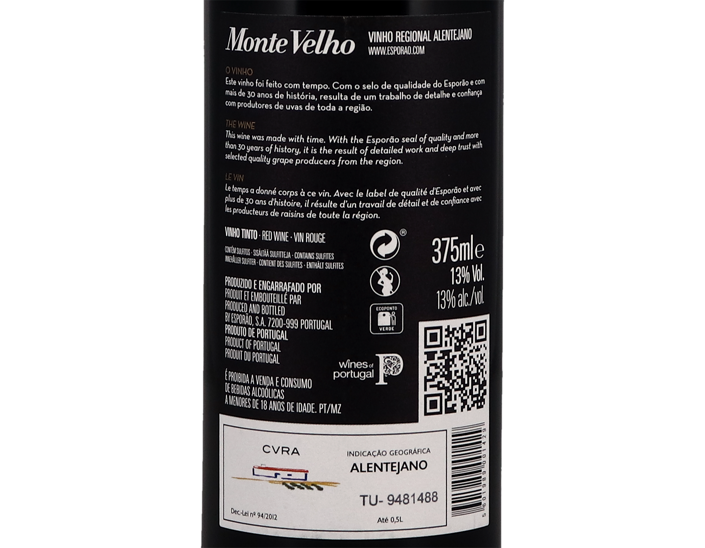 Half bottle of Esporao Monte Velho Tinto Alentejano 2022