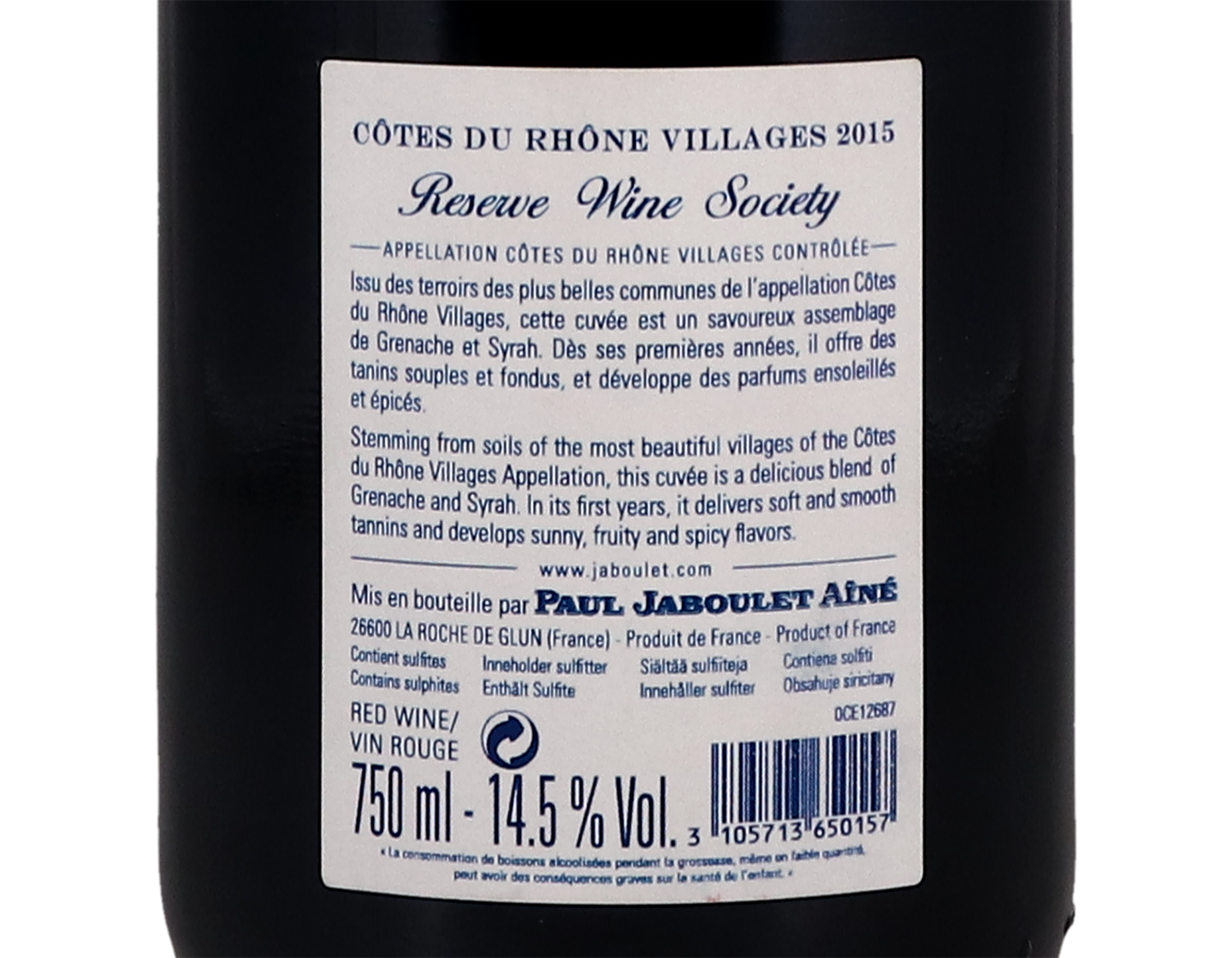Cotes du Rhone Villages Reserve Wine Society Paul Jaboulet Aine 2015