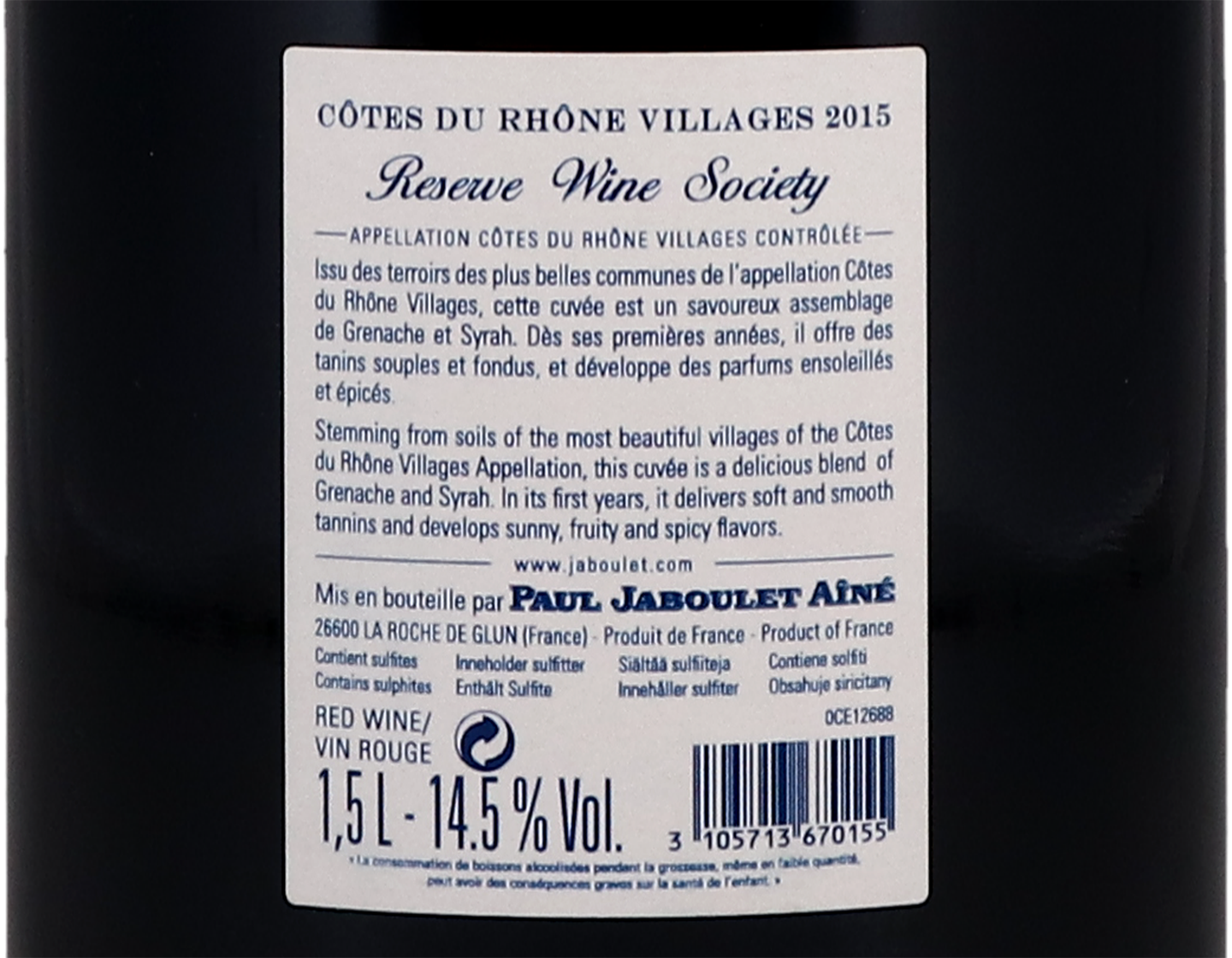 Magnum of Cotes du Rhone Villages Reserve Wine Society Paul Jaboulet Aine 2015