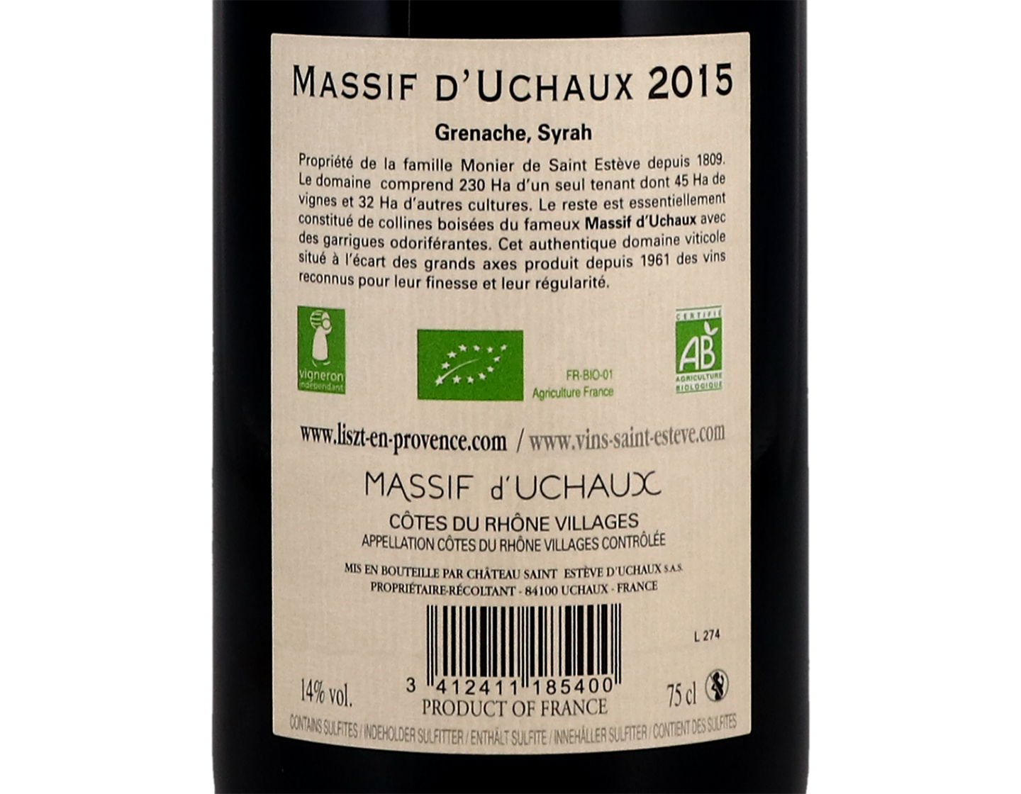 Massif d'Uchaux Cotes du Rhone Villages Vieilles Vignes Ch Saint Esteve 2015