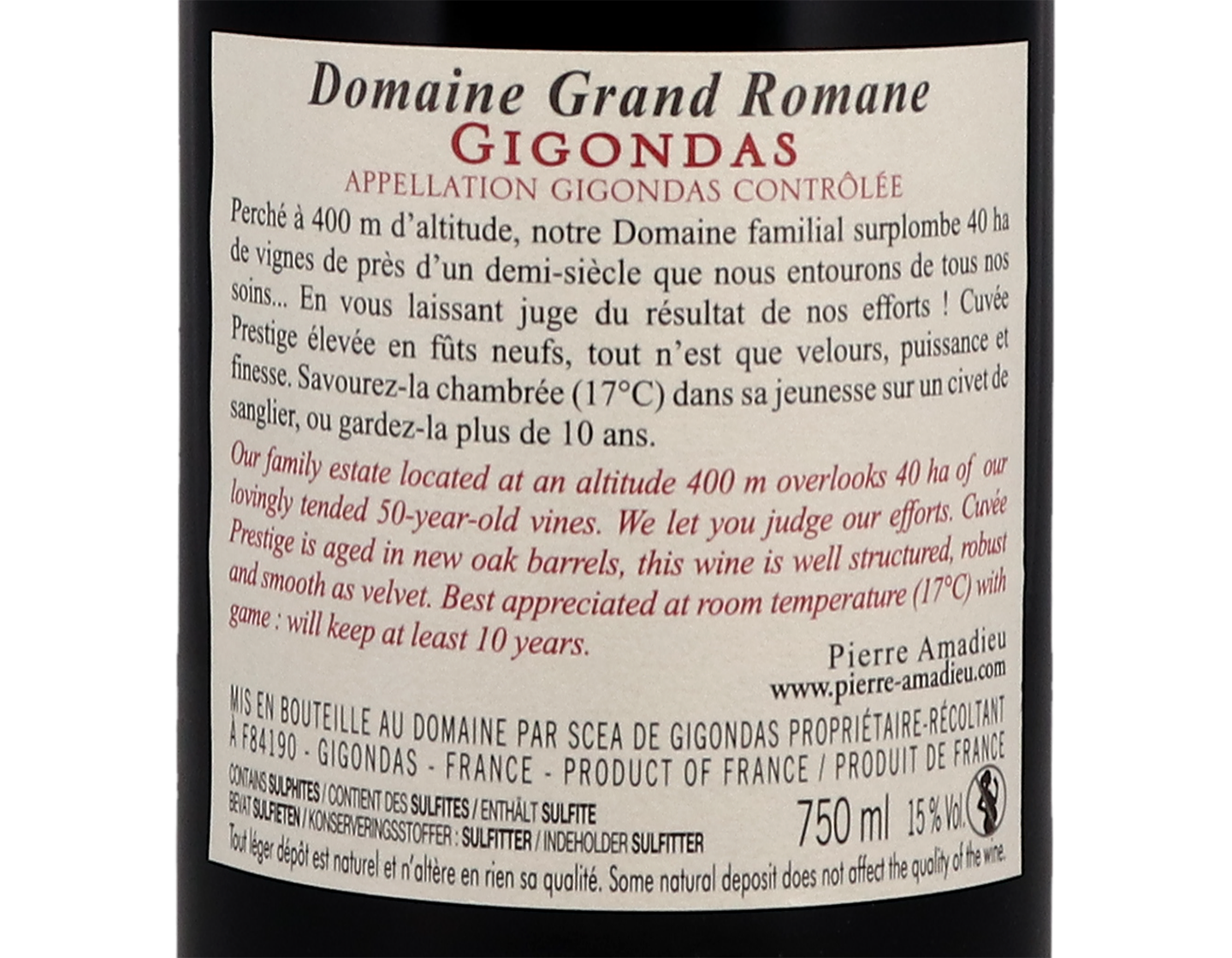 Gigondas Grand Romane Vieilles Vigne Pierre Amadieu 2018