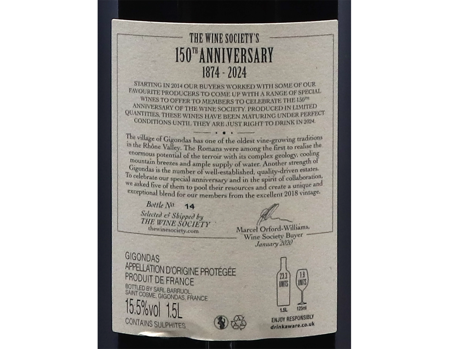 Magnum of The Society's 150th Anniversary Gigondas 2018