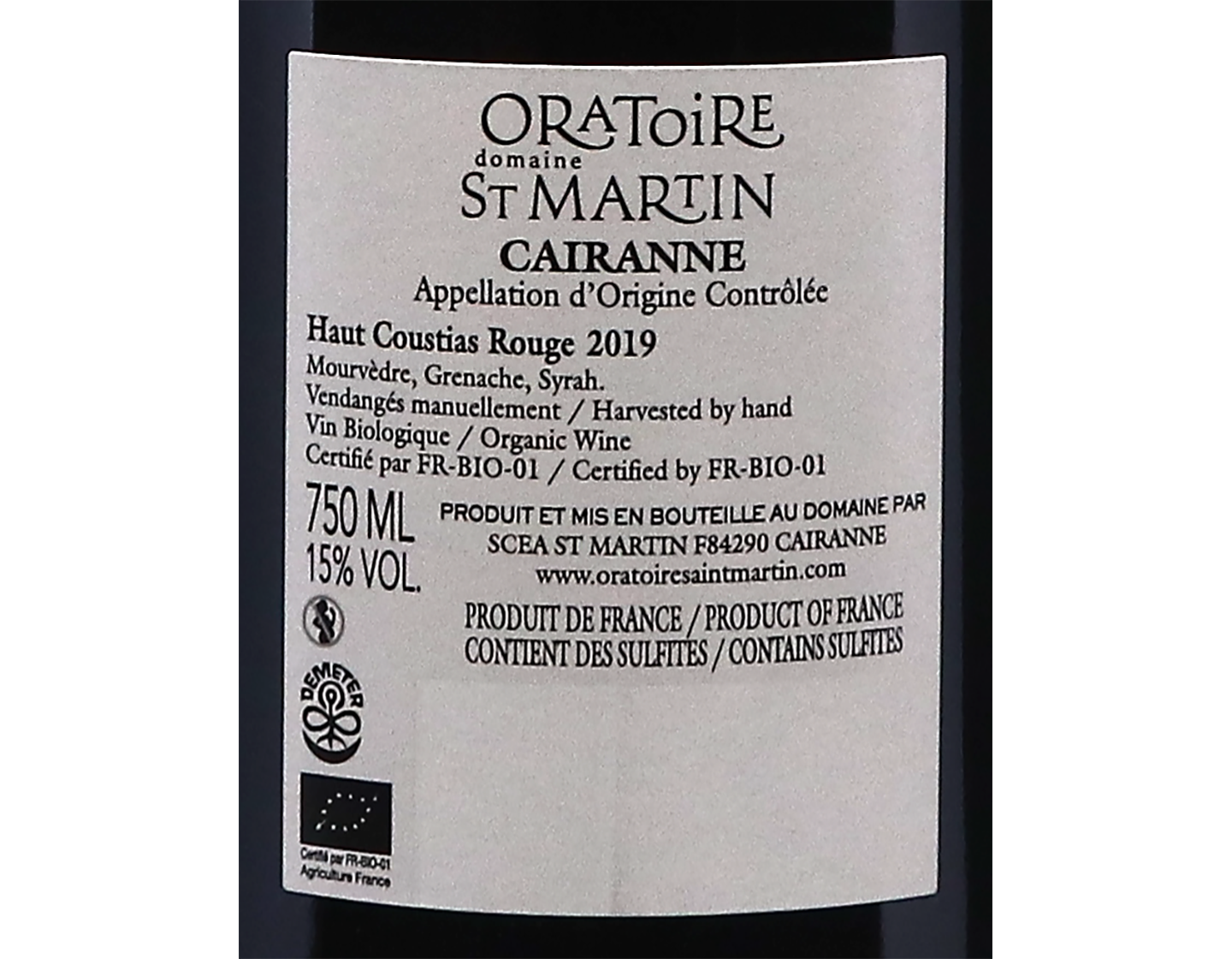 Cairanne Haut Coustias Oratoire Saint Martin 2019 ORGANIC
