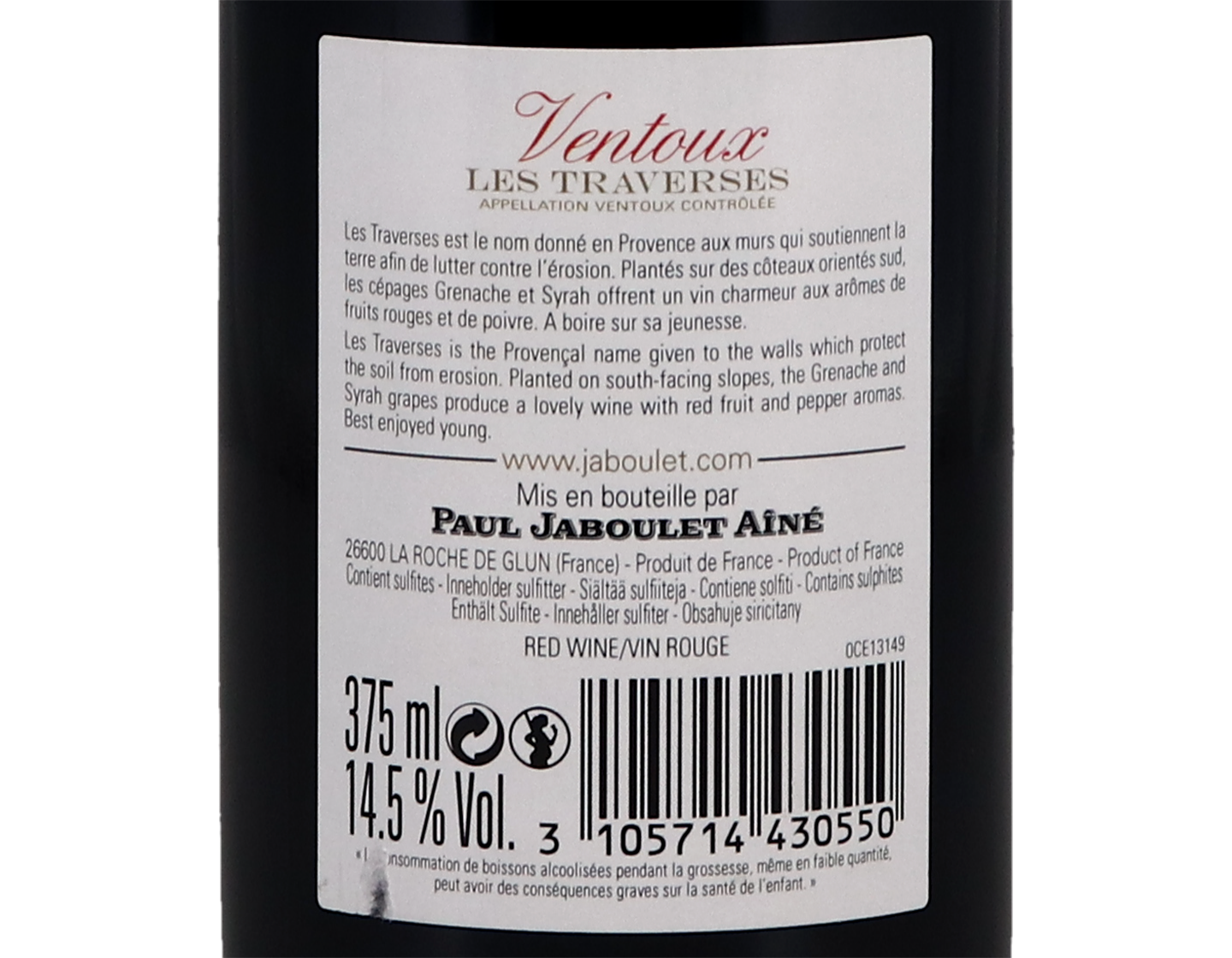 Half bottle of Ventoux Les Traverses Paul Jaboulet Aine 2021