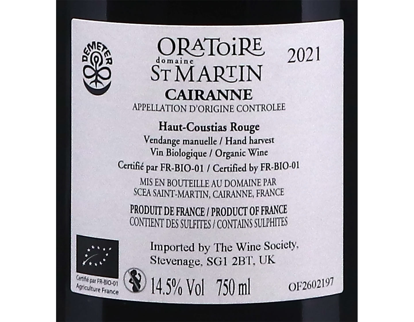 Cairanne Haut Coustias Oratoire Saint Martin 2021 ORGANIC