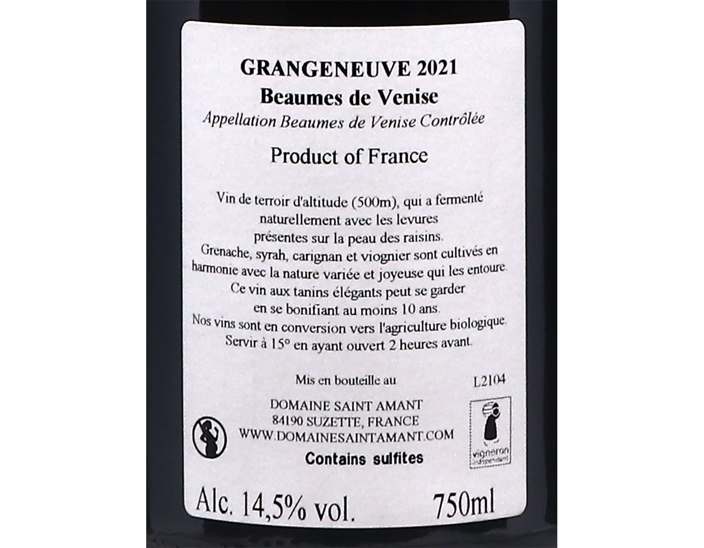 Beaumes de Venise Grangeneuve Domaine de Saint Amant 2021