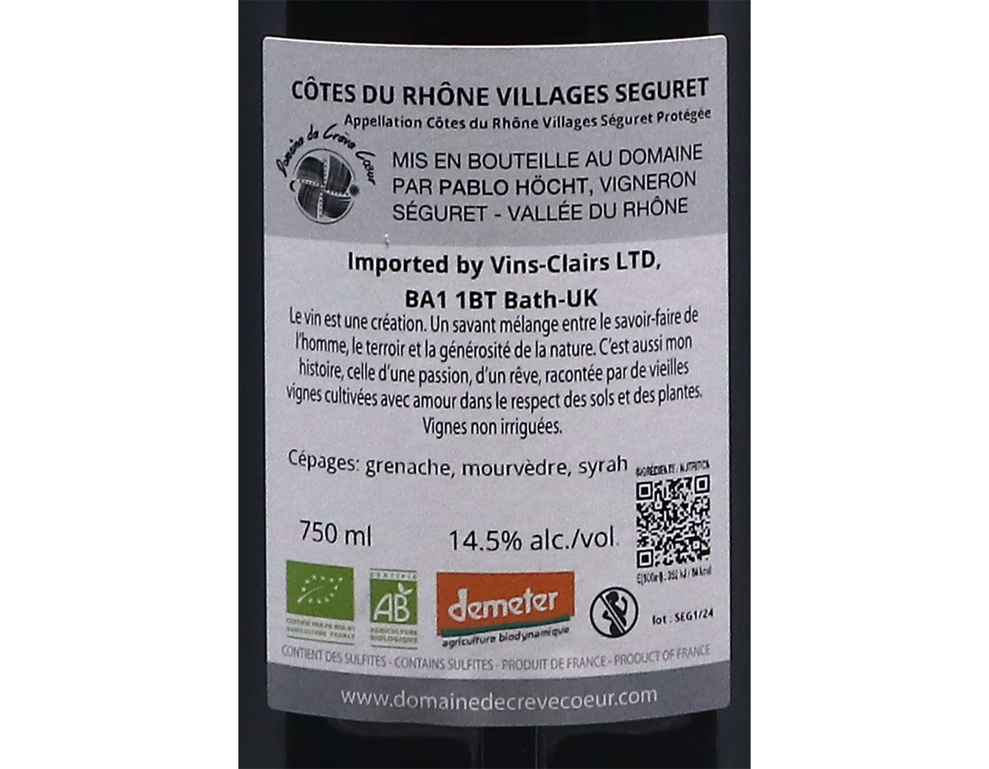 Cotes du Rhone Villages 2024 Seguret Domaine de Creve Coeur