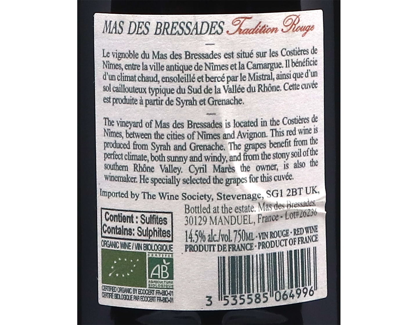 Costieres de Nimes Tradition Rouge Mas des Bressades 2023