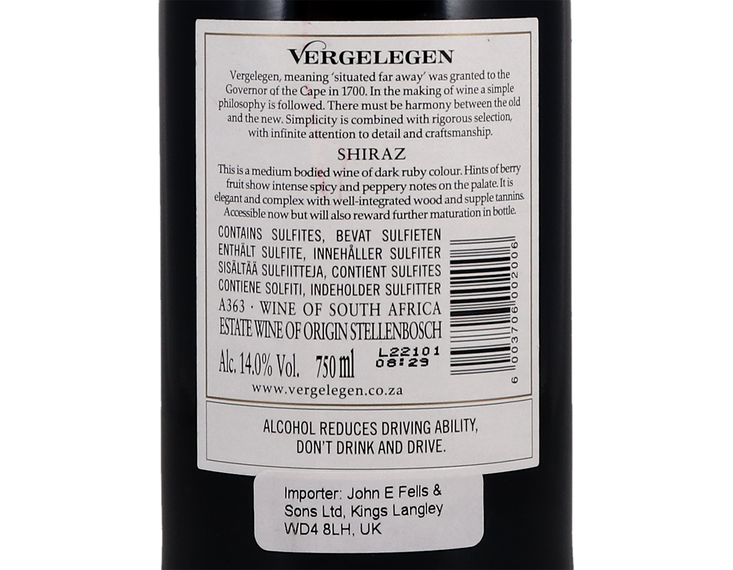 Vergelegen Estate Shiraz Stellenbosch 2019