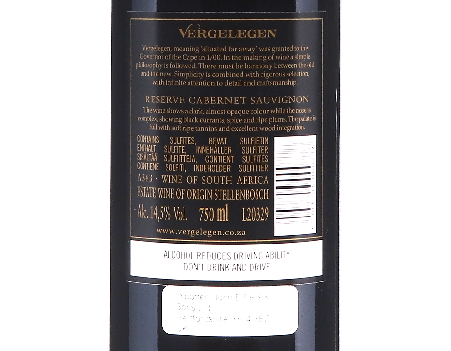 Vergelegen Estate Reserve Cabernet Sauvignon Stellenbosch 2019