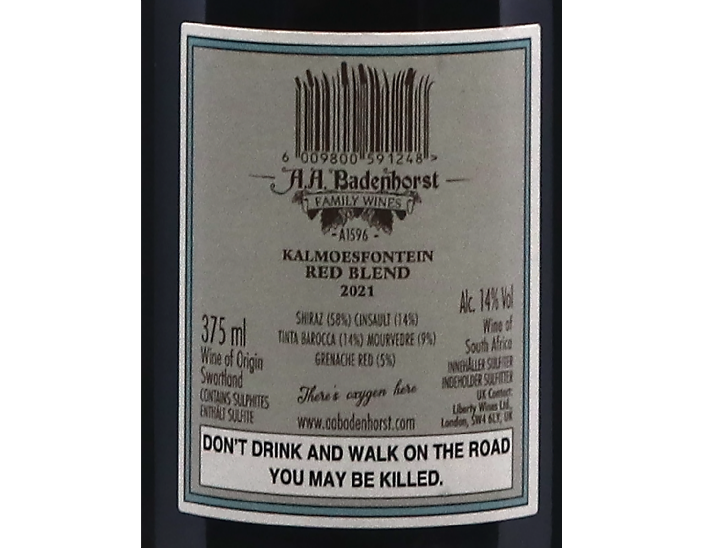 Half bottle of A A Badenhorst Kalmoesfontein Red Blend Swartland 2021