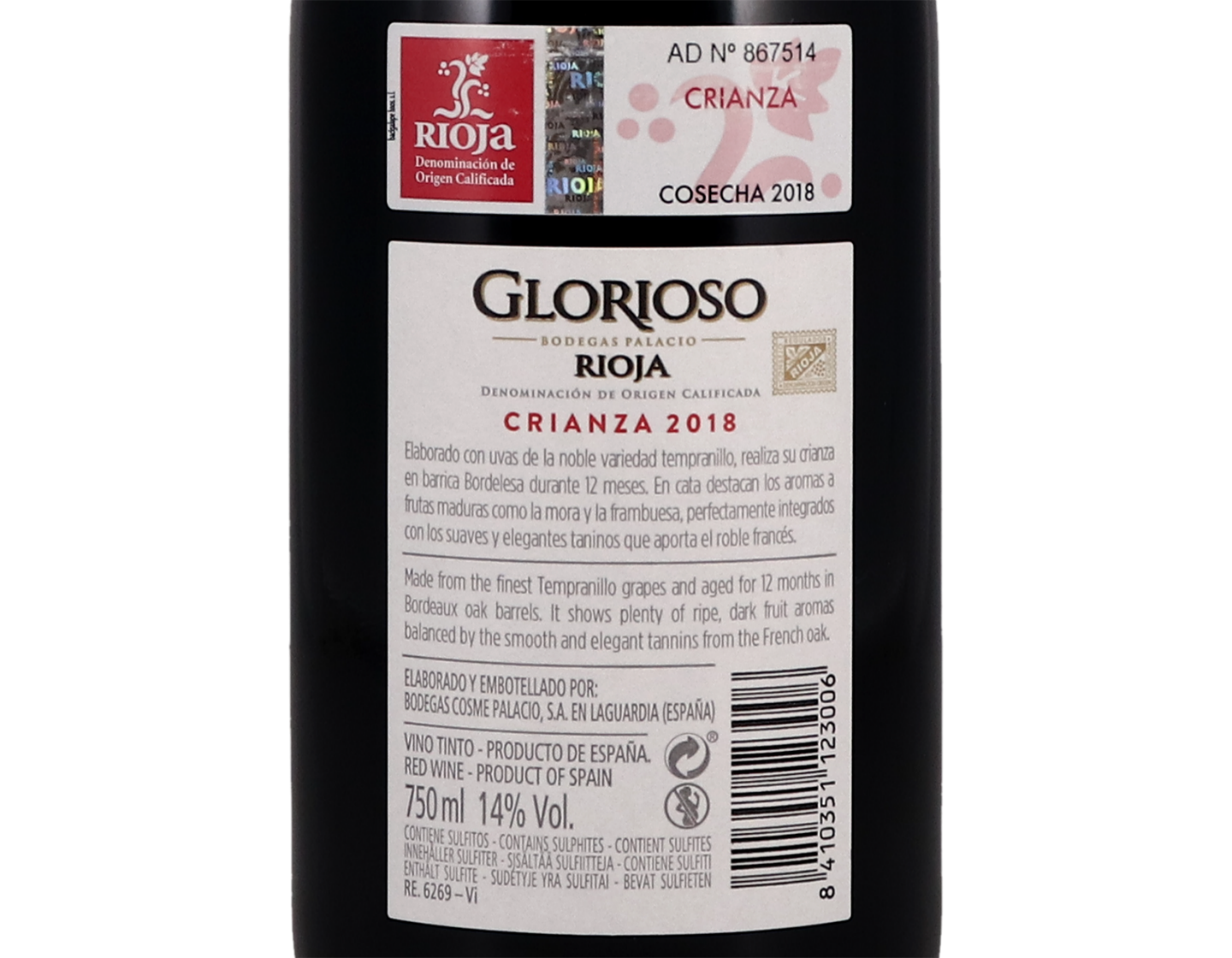 Glorioso Crianza, Rioja 2018