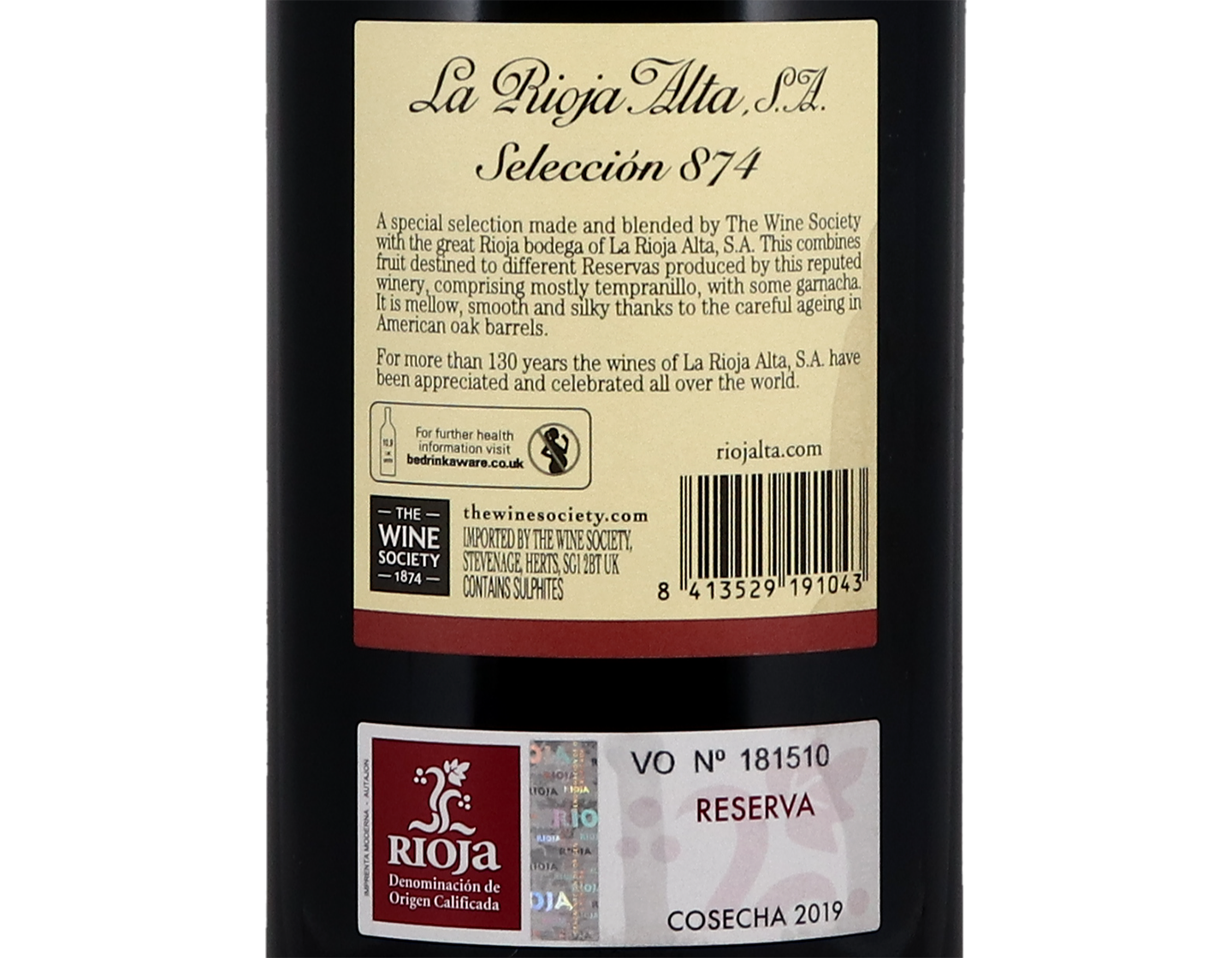 La Rioja Alta Seleccion 874 Reserva Rioja 2019