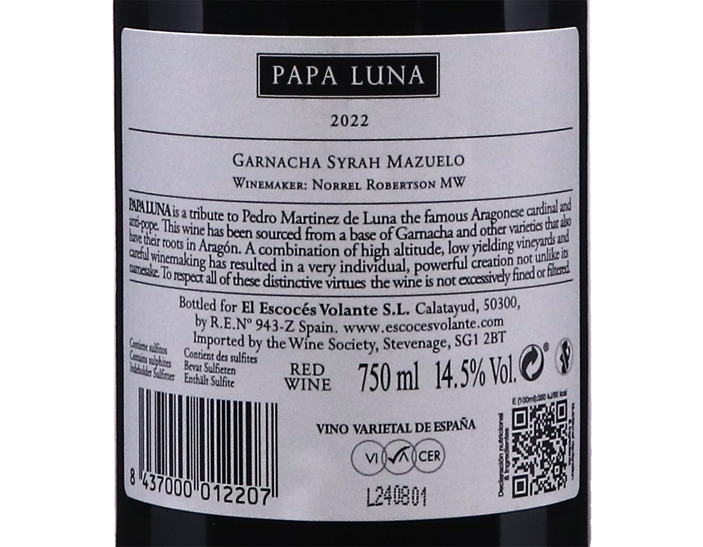 Papa Luna Garnacha-Syrah-Mazuelo, Calatayud 2022
