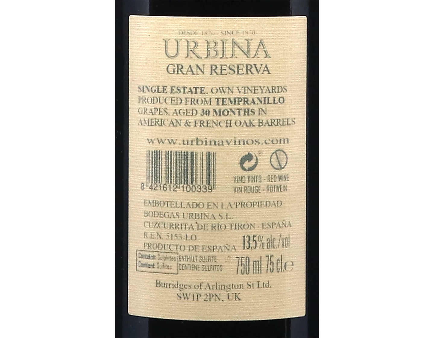 Rioja Riserva Label Urbina Gran Reserva Especial Blue Label Special Edition, Rioja 2001