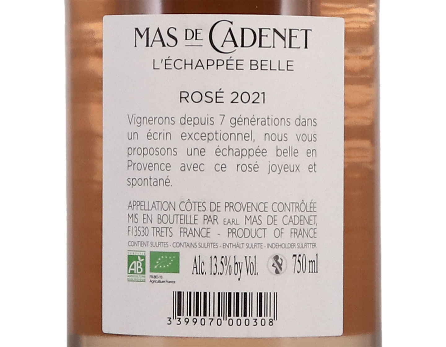 Cotes de Provence Rose L Echappee Belle Mas de Cadenet 2021 ORGANIC