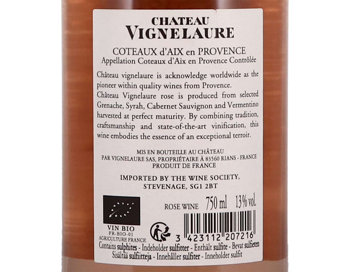 Coteaux d Aix en Provence Rose Chateau Vignelaure 2022 ORGANIC