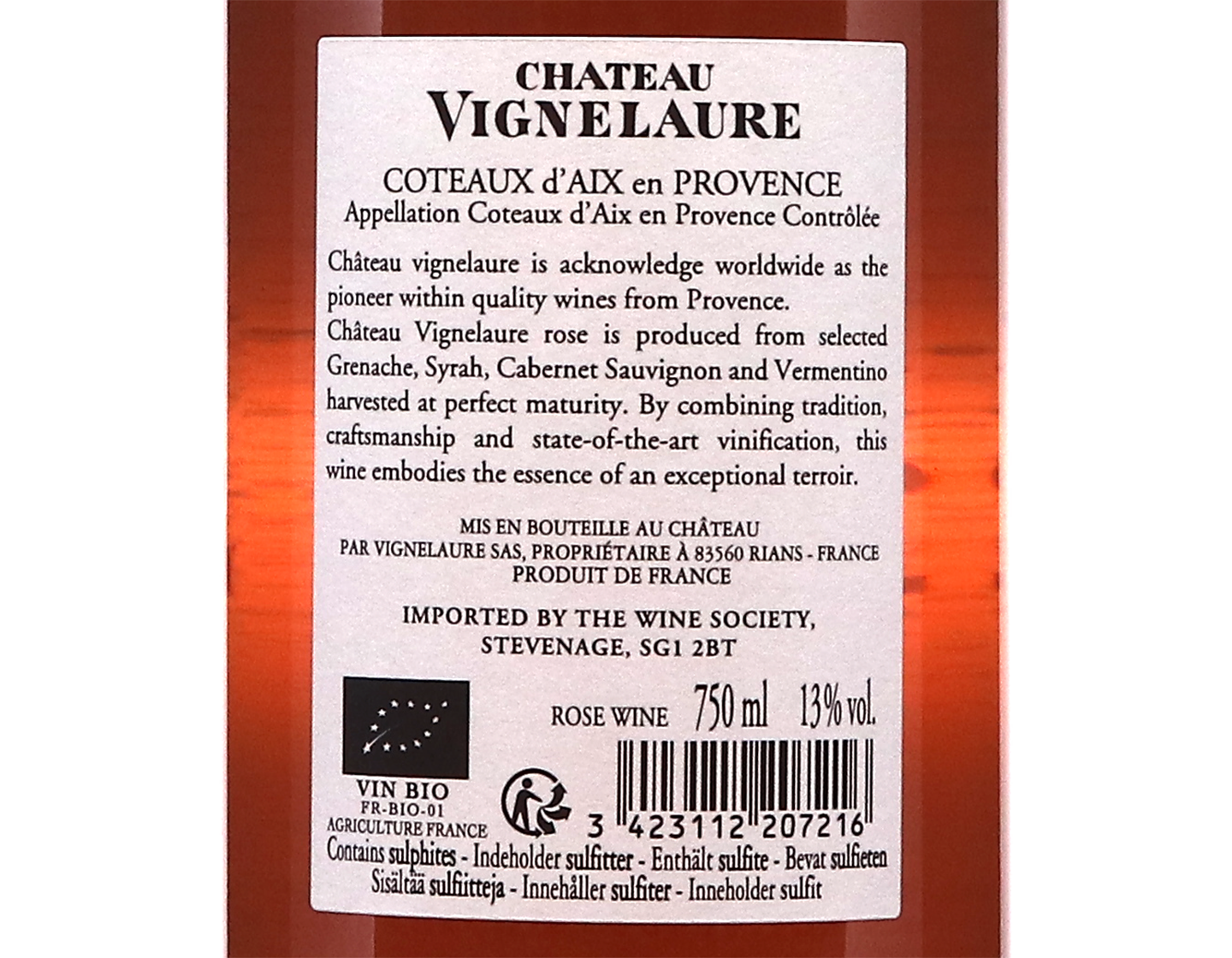 Coteaux d Aix en Provence Rose Chateau Vignelaure 2023 ORGANIC