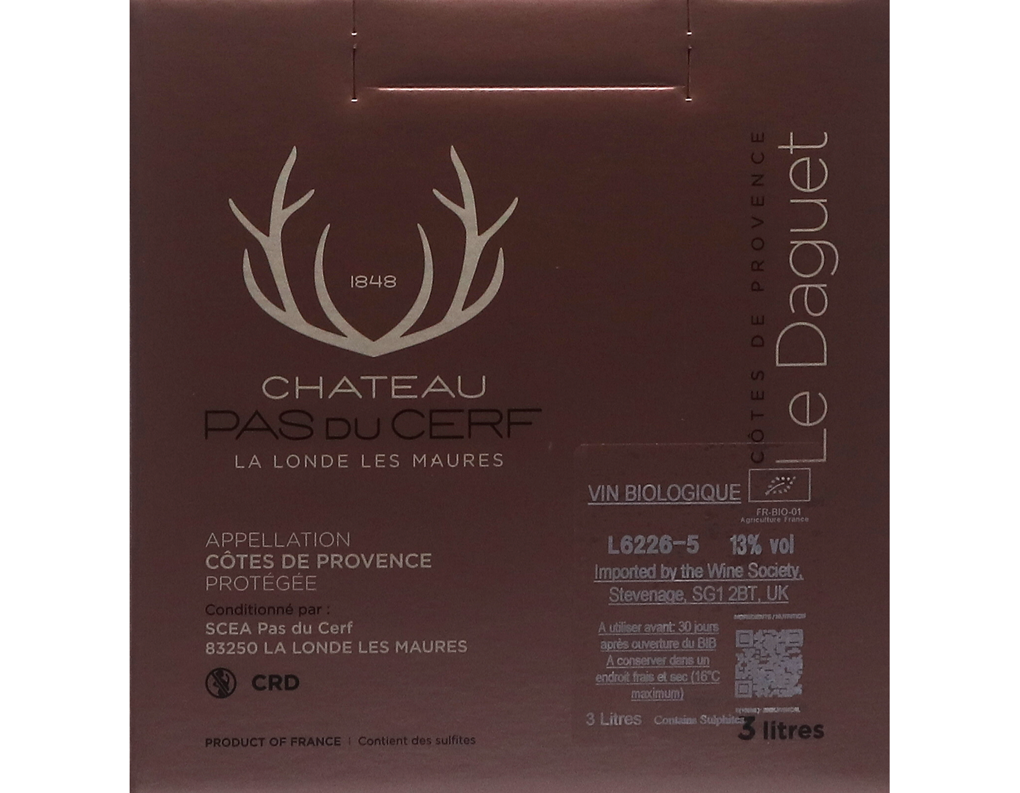 Cotes de Provence Rose Le Daguet Ch Pas du Cerf Bag in Box 3 Litre ORGANIC 2025