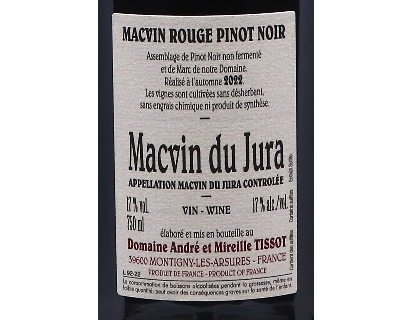 Macvin du Jura Pinot Noir Stephane and Benedicte Tissot NV