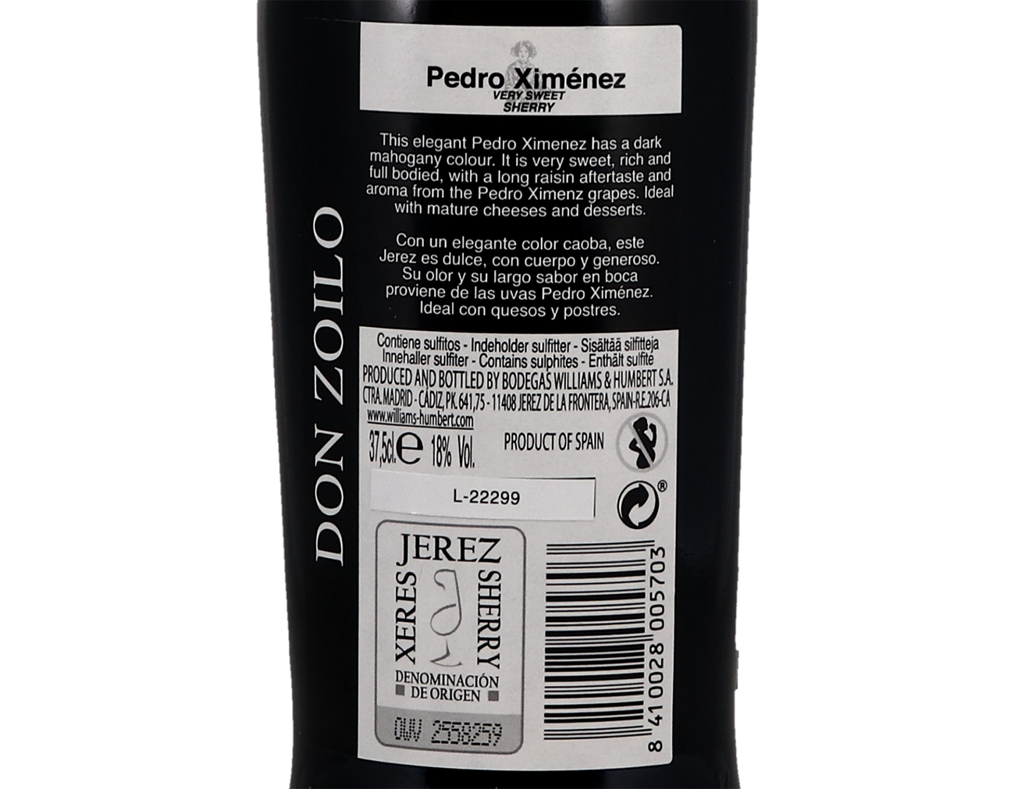 Half bottle of Don Zoilo 15-year-old Pedro Ximenez, Williams & Humbert