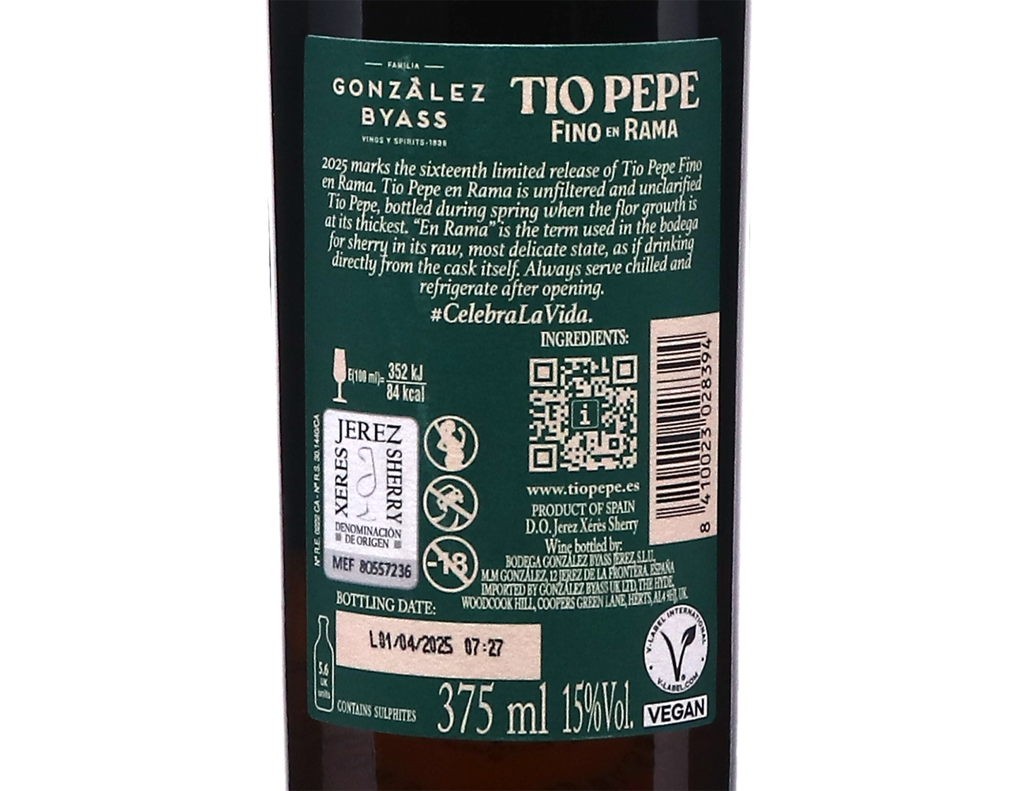 Half bottle of Tio Pepe Fino en Rama 2025 bottling