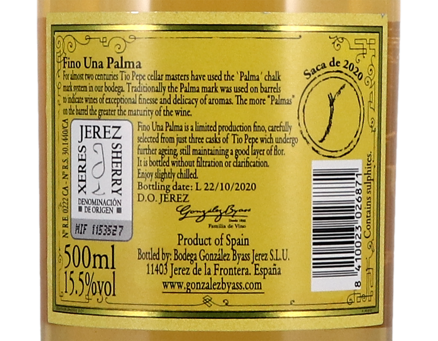 Tio Pepe Fino Una Palma 2020 bottling 50cl