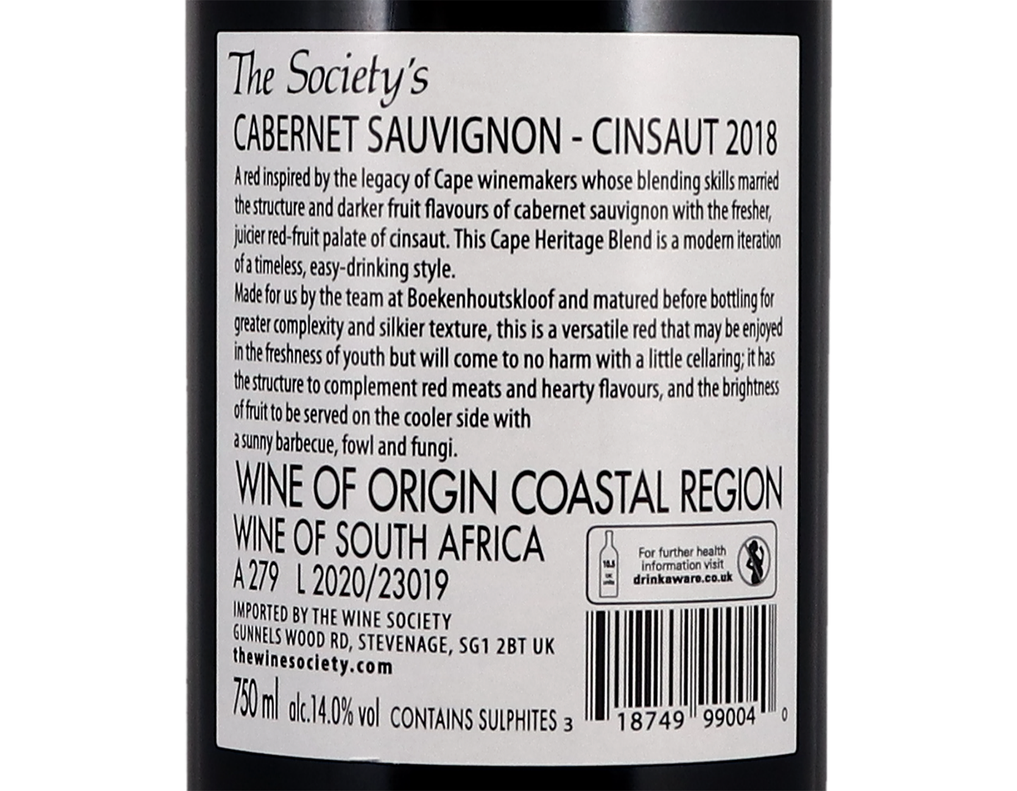 The Societys Cabernet Sauvignon Cinsaut Cape Heritage Blend Coastal 2018