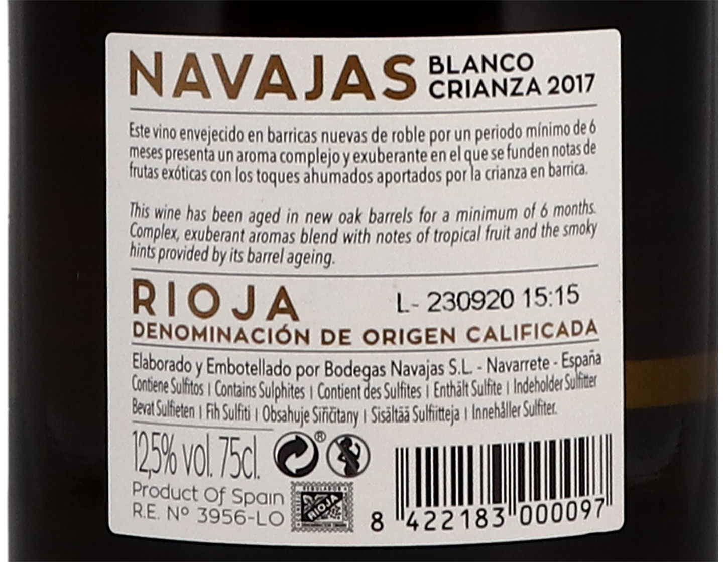 Navajas Blanco Crianza Rioja 2017