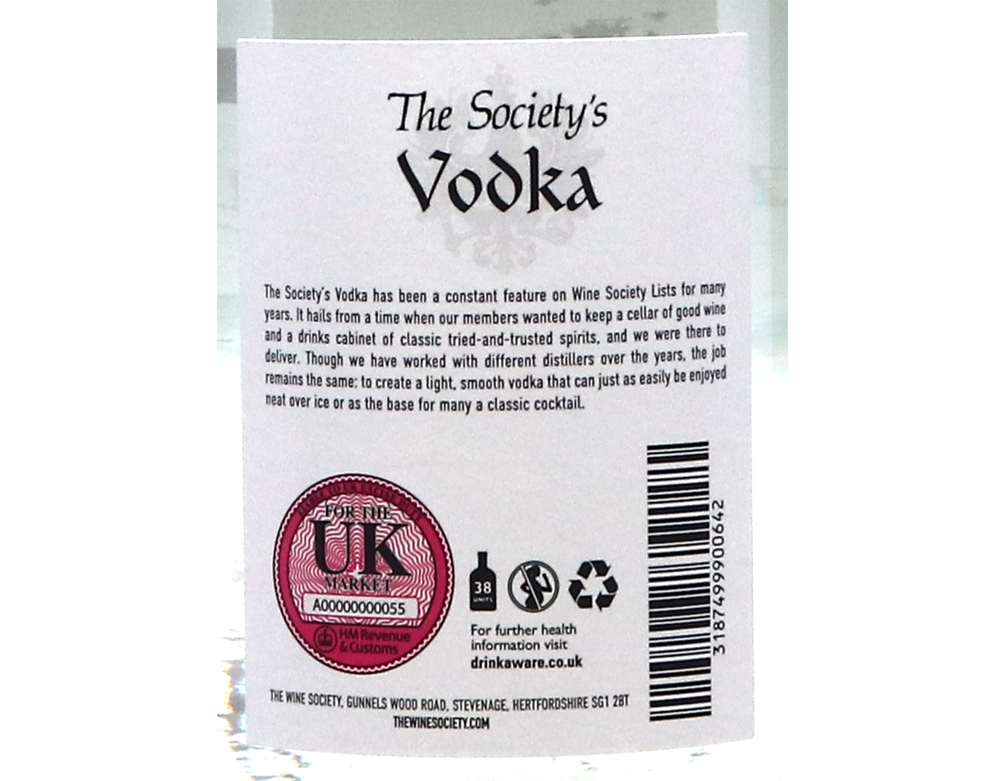 Litre of The Society's Vodka 37.5%