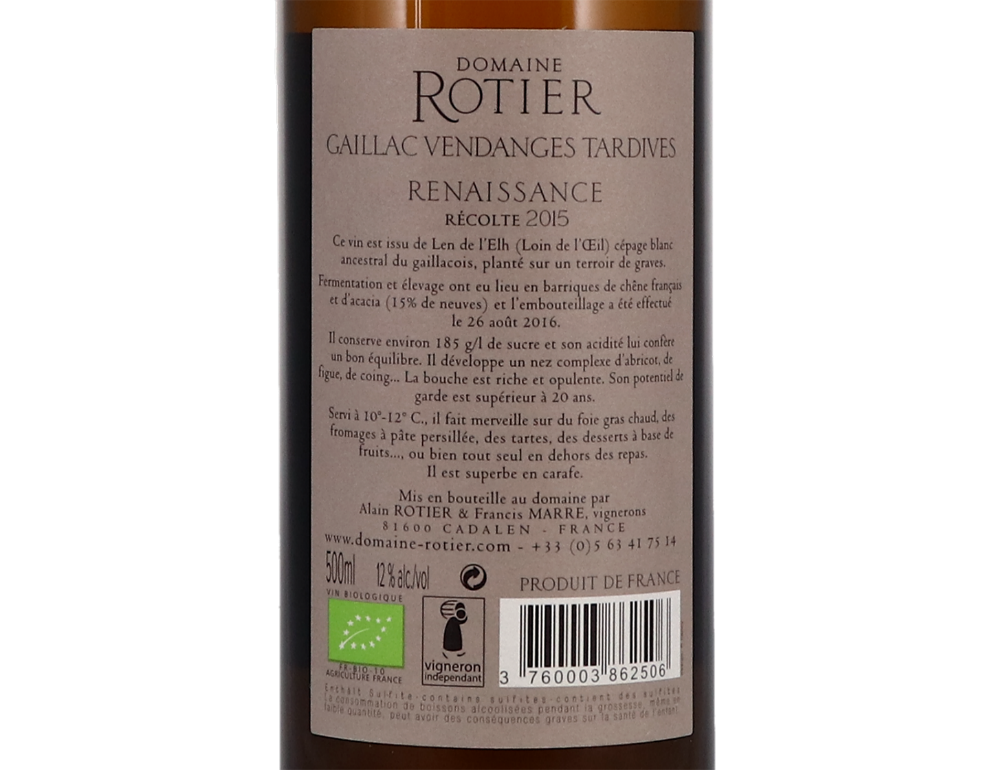 Gaillac Vendanges Tardive Renaissance Domaine Rotier 2016 50cl