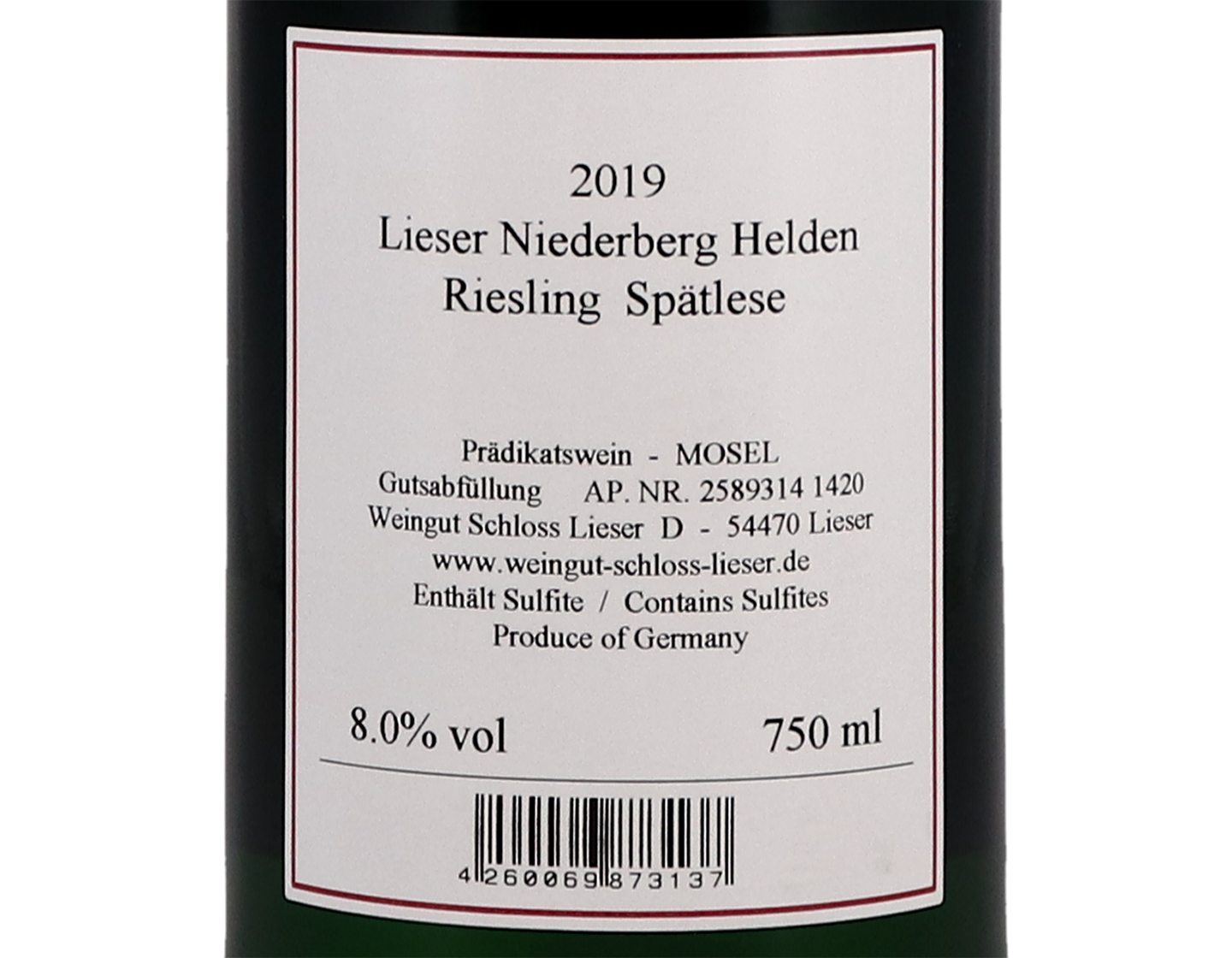 Niederberg Helden Riesling Spatlese Schloss Lieser 2019