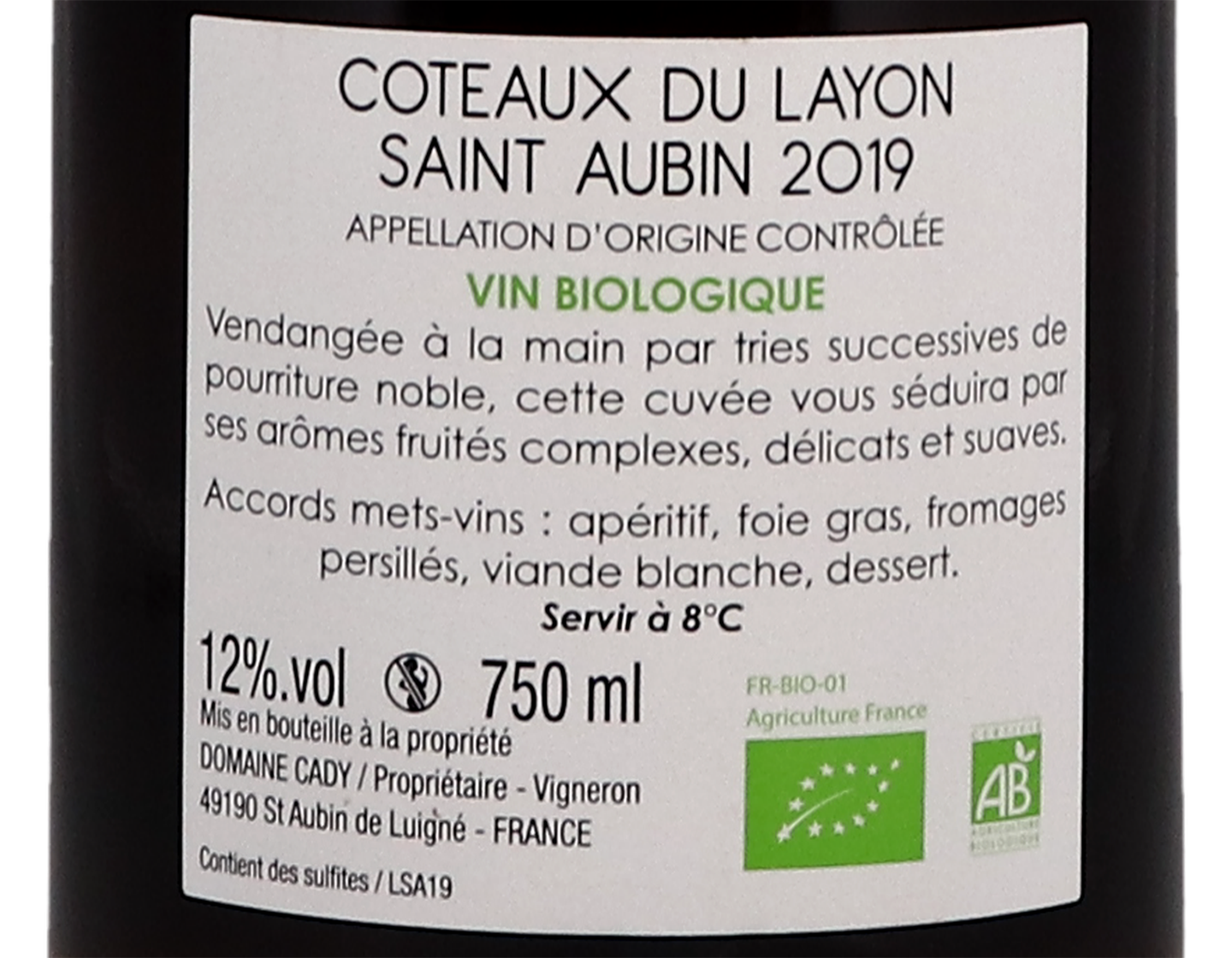 Coteaux du Layon St Aubin ORGANIC Domaine Cady 2019
