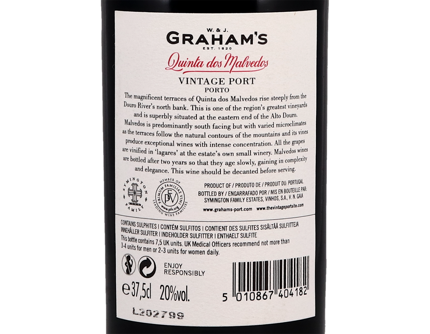 Half bottle of Graham Quinta dos Malvedos Vintage Port 2012
