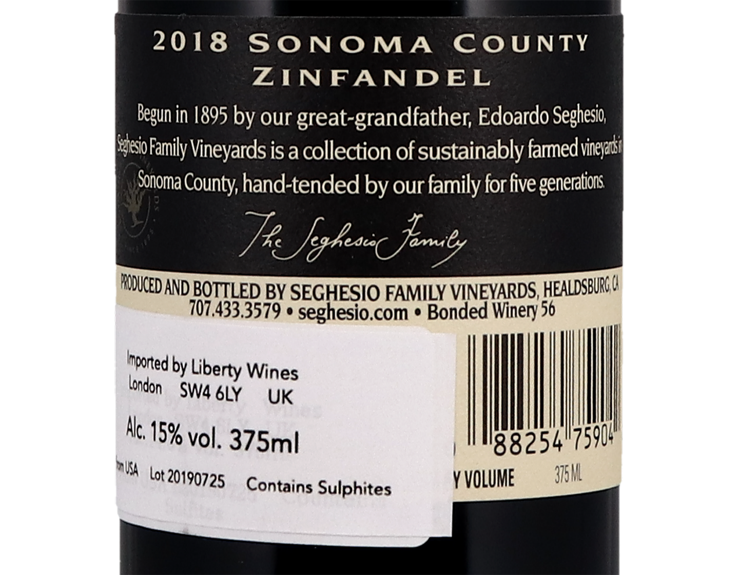 Half bottle of Seghesio Family Vineyards Sonoma County Zinfandel 2018