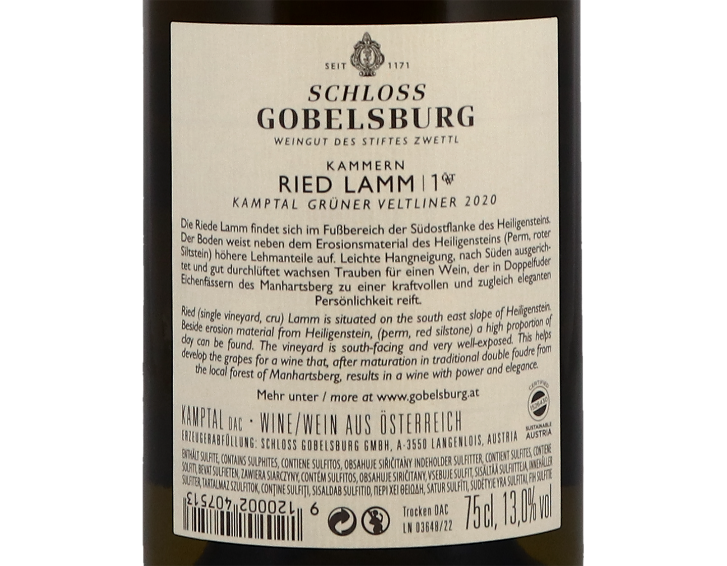 Schloss Gobelsburg Gruner Veltliner Ried Lamm 1OTW 2020