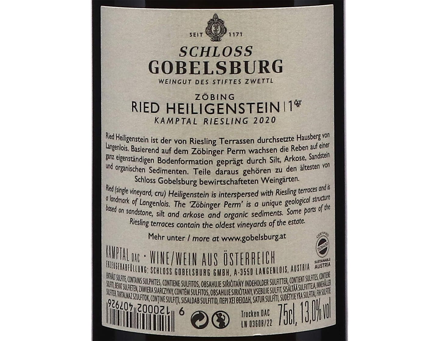 Schloss Gobelsburg Riesling Ried Heiligenstein 1OTW 2020