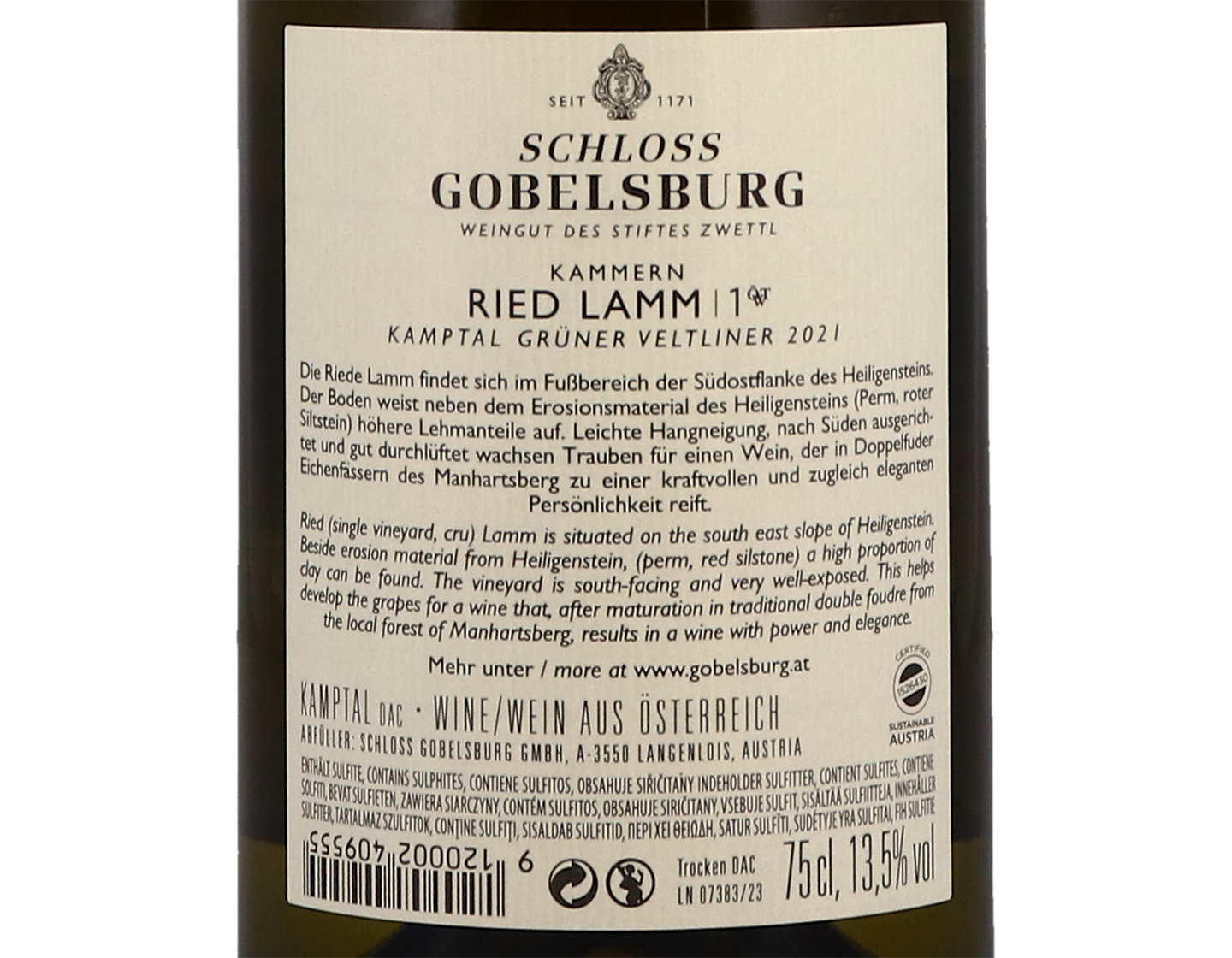 Schloss Gobelsburg Gruner Veltliner Ried Lamm 1OTW 2021