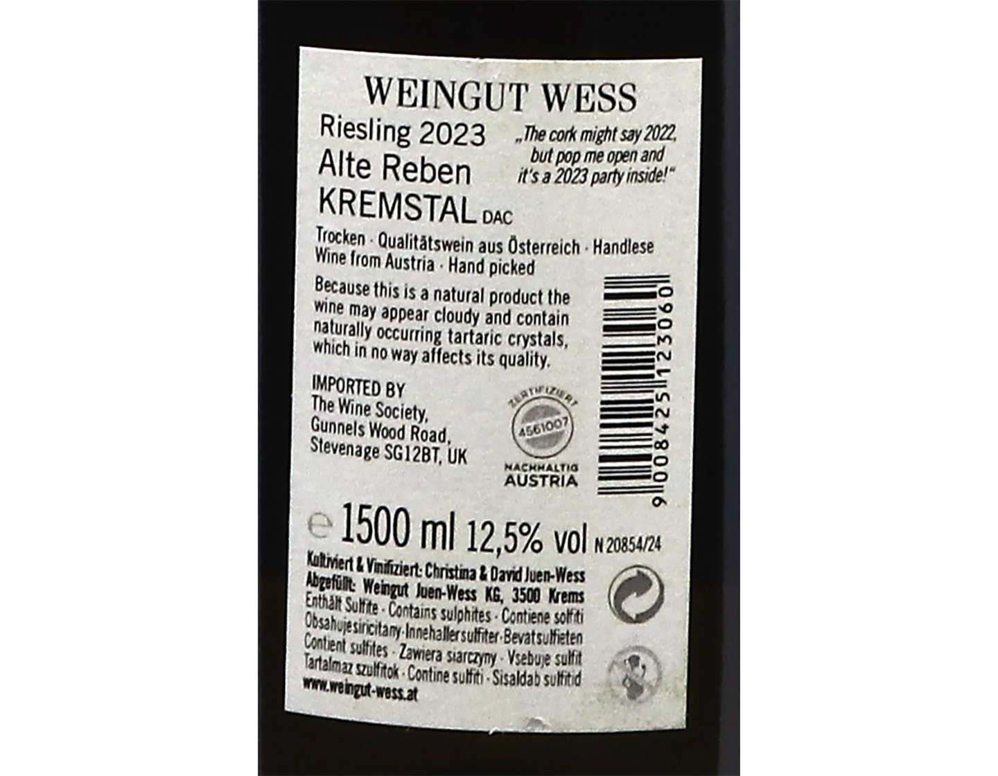 Magnum of Weingut Wess Kremstal Reserve Old Vine Riesling 2023