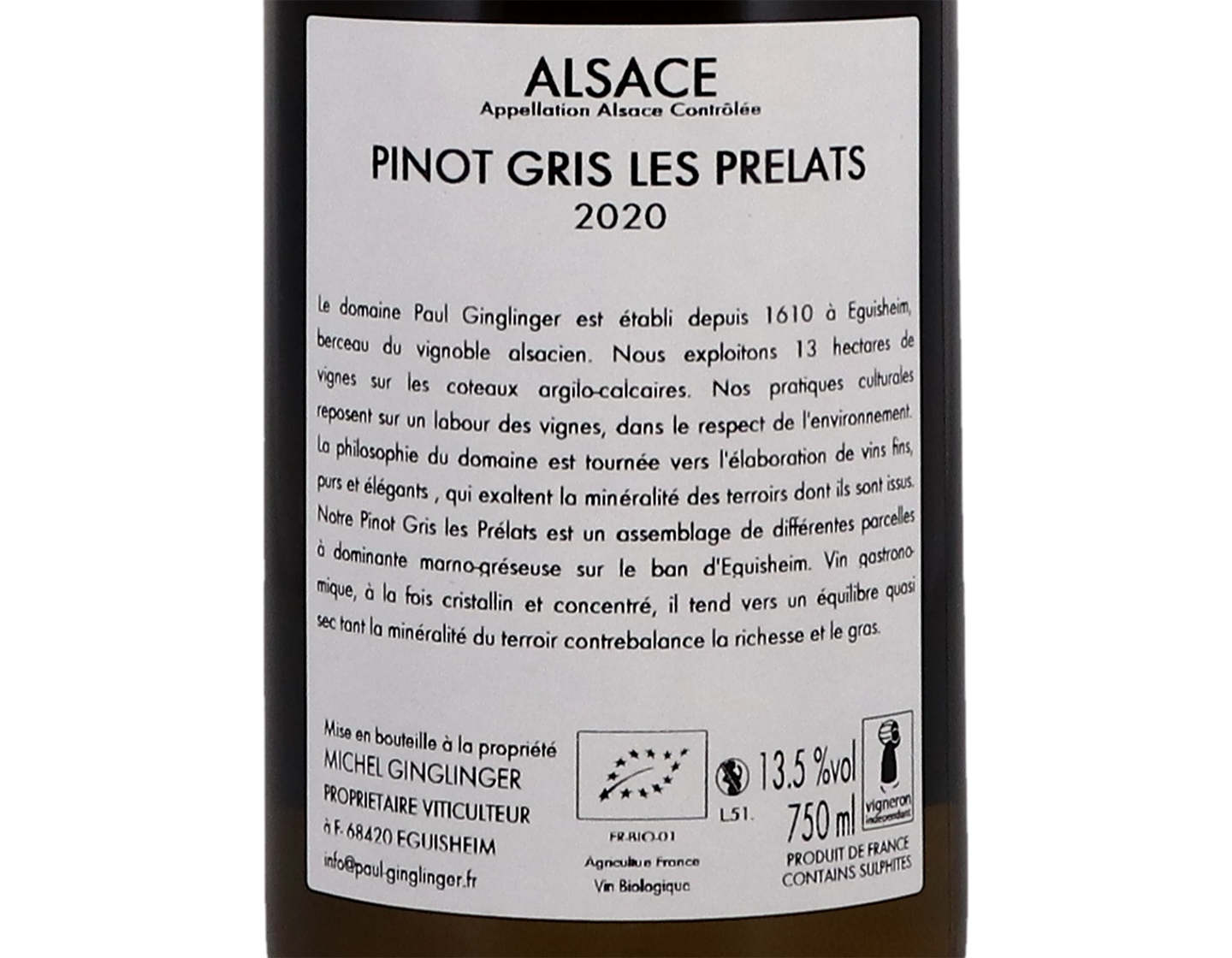 Pinot Gris Les Prelats ORGANIC Domaine Ginglinger 2020